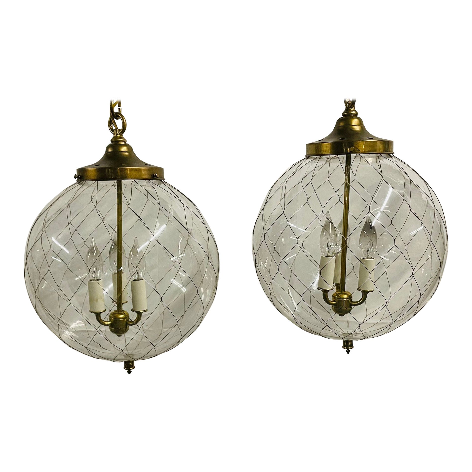 Pair of Mid-Century Modern Globe Pendants, Brass and Hand Blown Glass For Sale