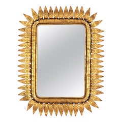 Retro Sunburst Rectangular Mirror in Gilt Iron, Hollywood Regency