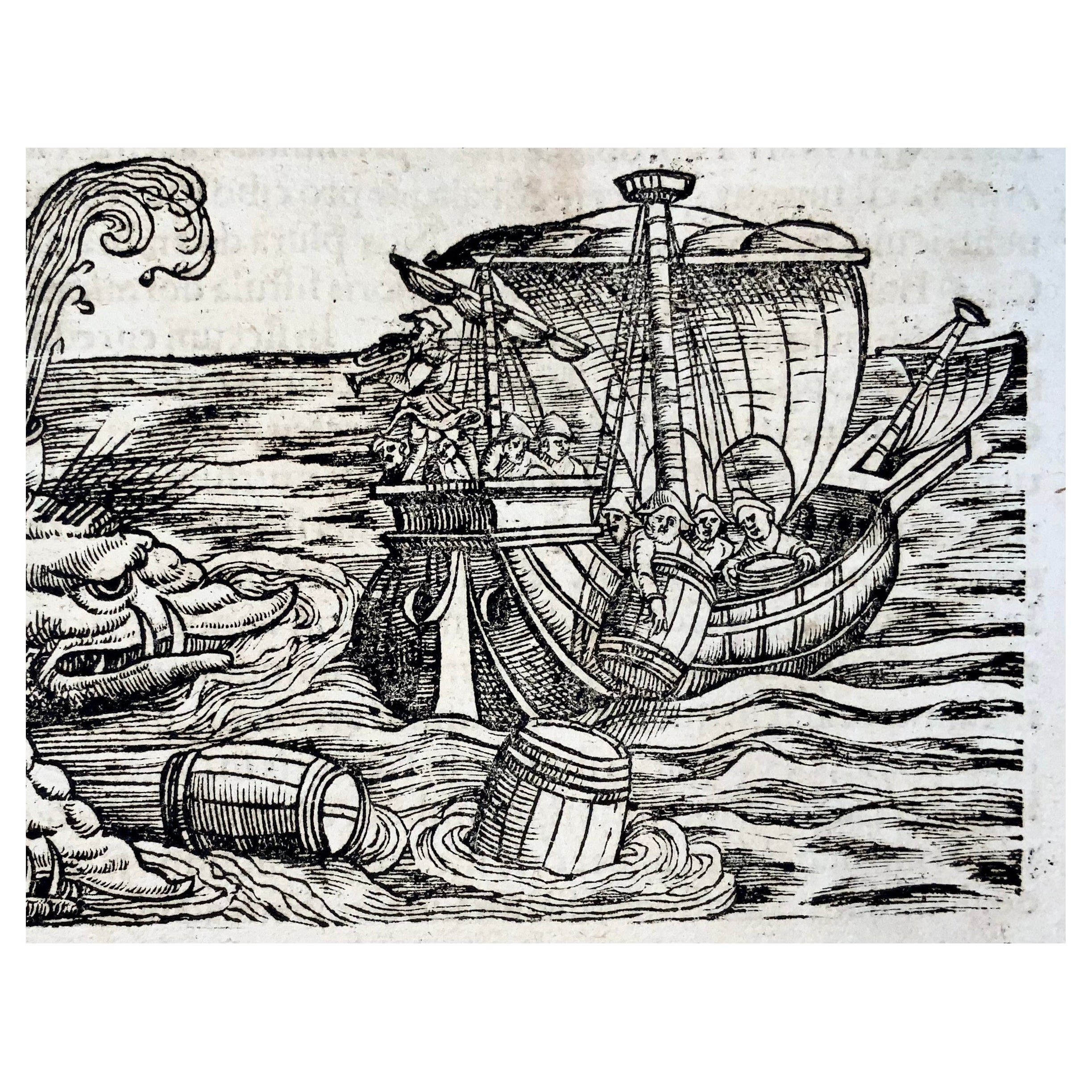 1558 Conrad Gesner, Monstrous Whale Attacks a Sailing Ship, Woodcut Leaf For Sale