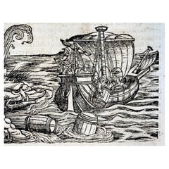Antique 1558 Conrad Gesner, Monstrous Whale Attacks a Sailing Ship, Woodcut Leaf