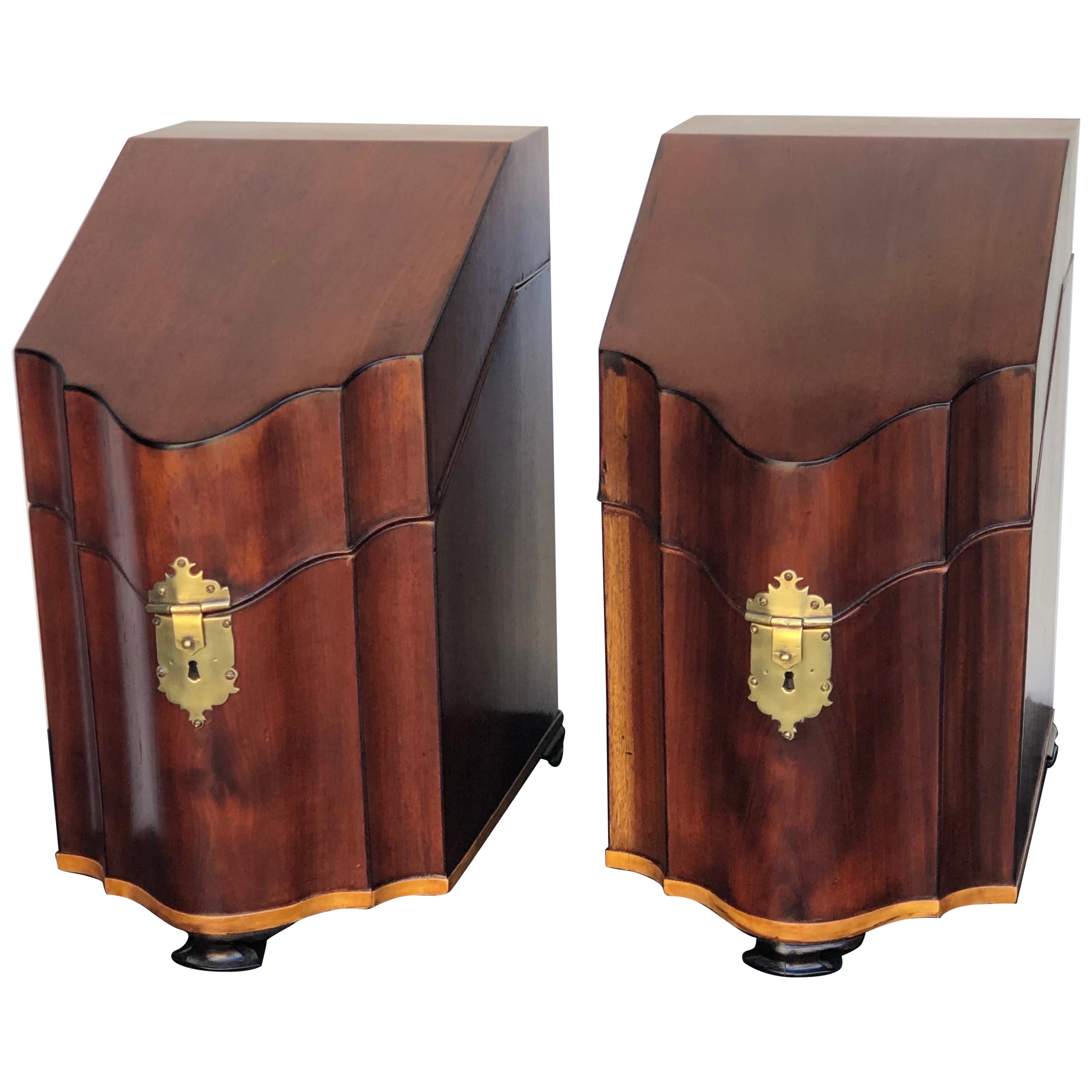 Pair English Mahogany Serpentine Inlaid Cutlery Boxes on Bracket Feet 18th C For Sale