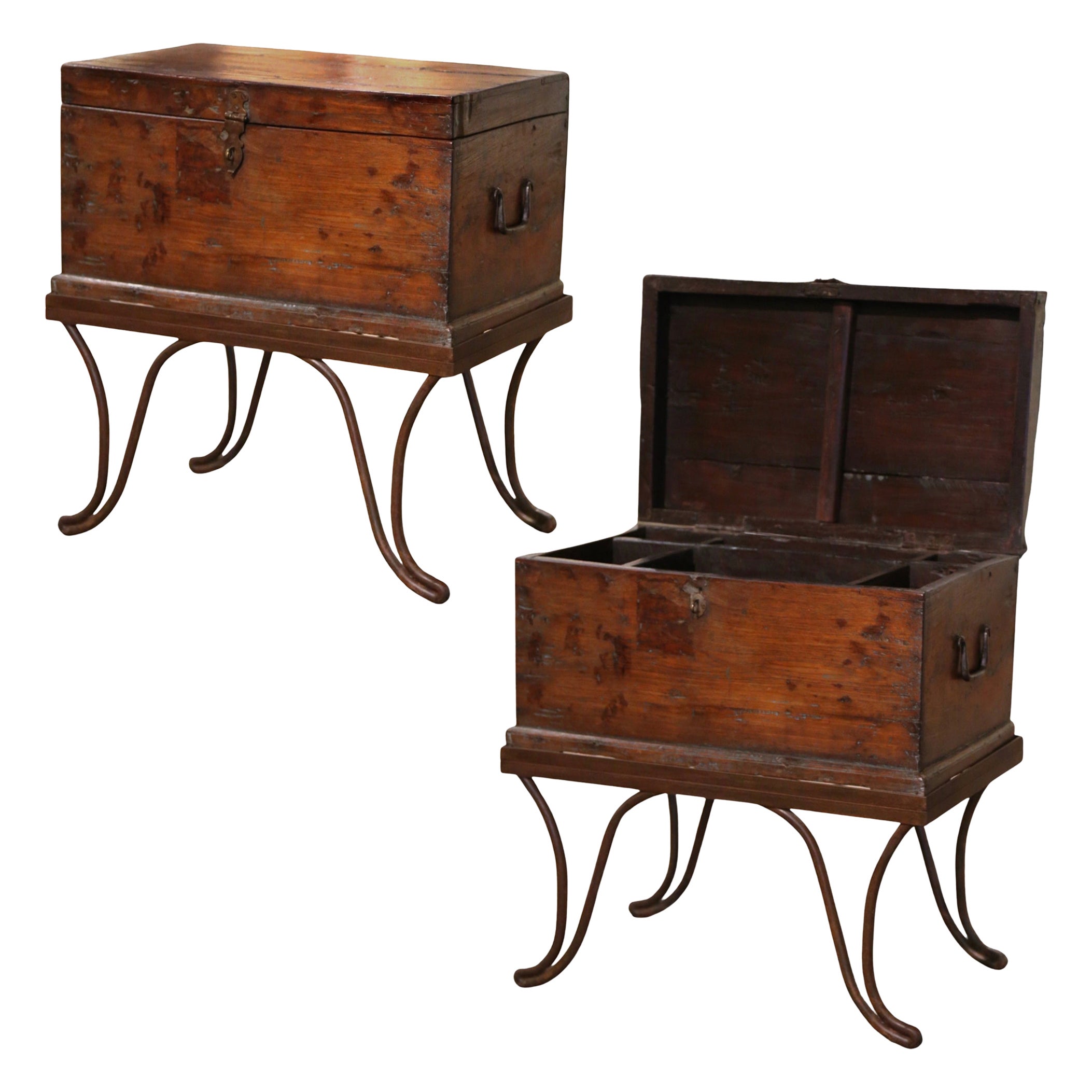 Mid-19th Century French Carved Oak Chest Trunk Side Table on Wrought Iron Stand For Sale
