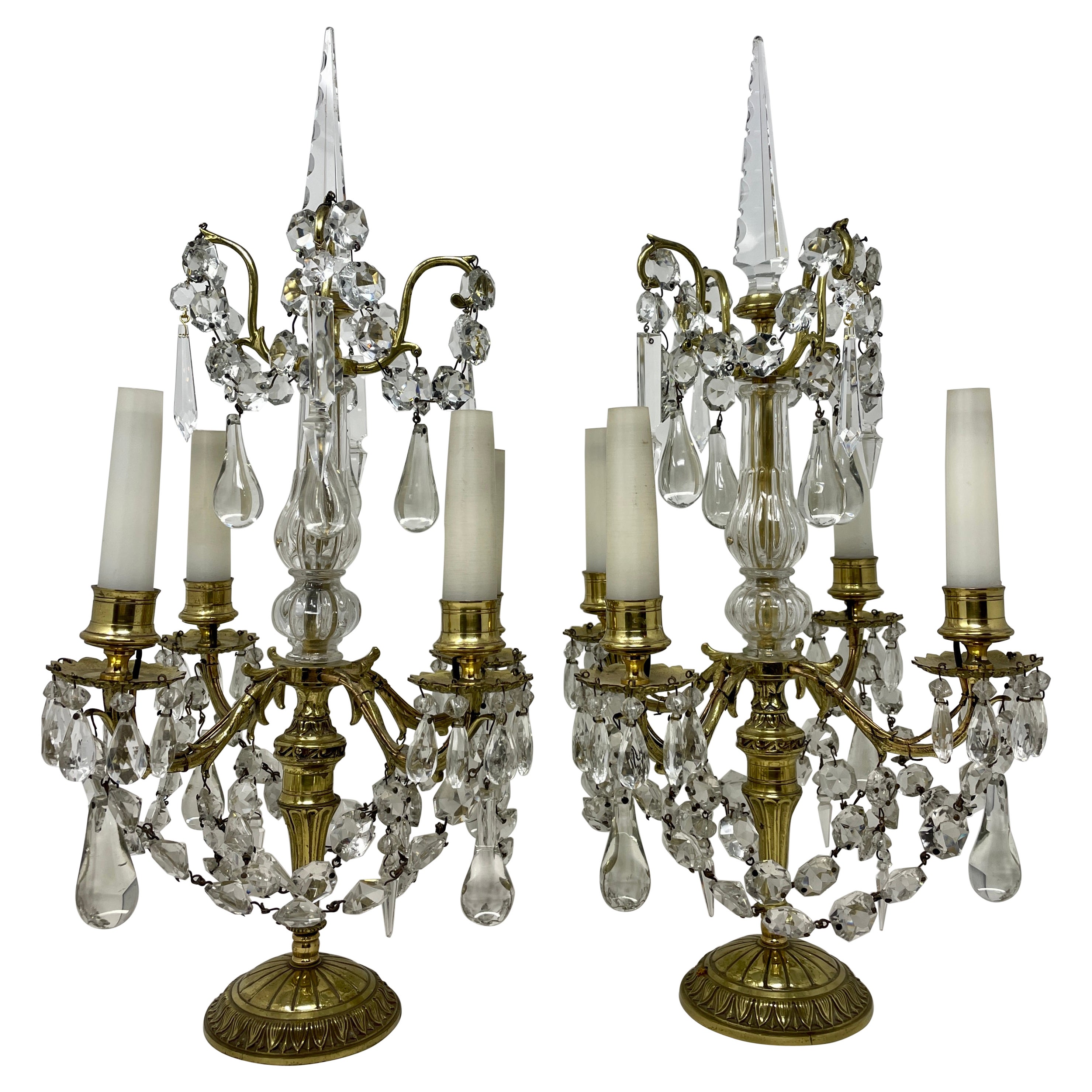 Pair Antique French Gold Bronze and Crystal Girandoles Candelabras, Circa 1890. For Sale