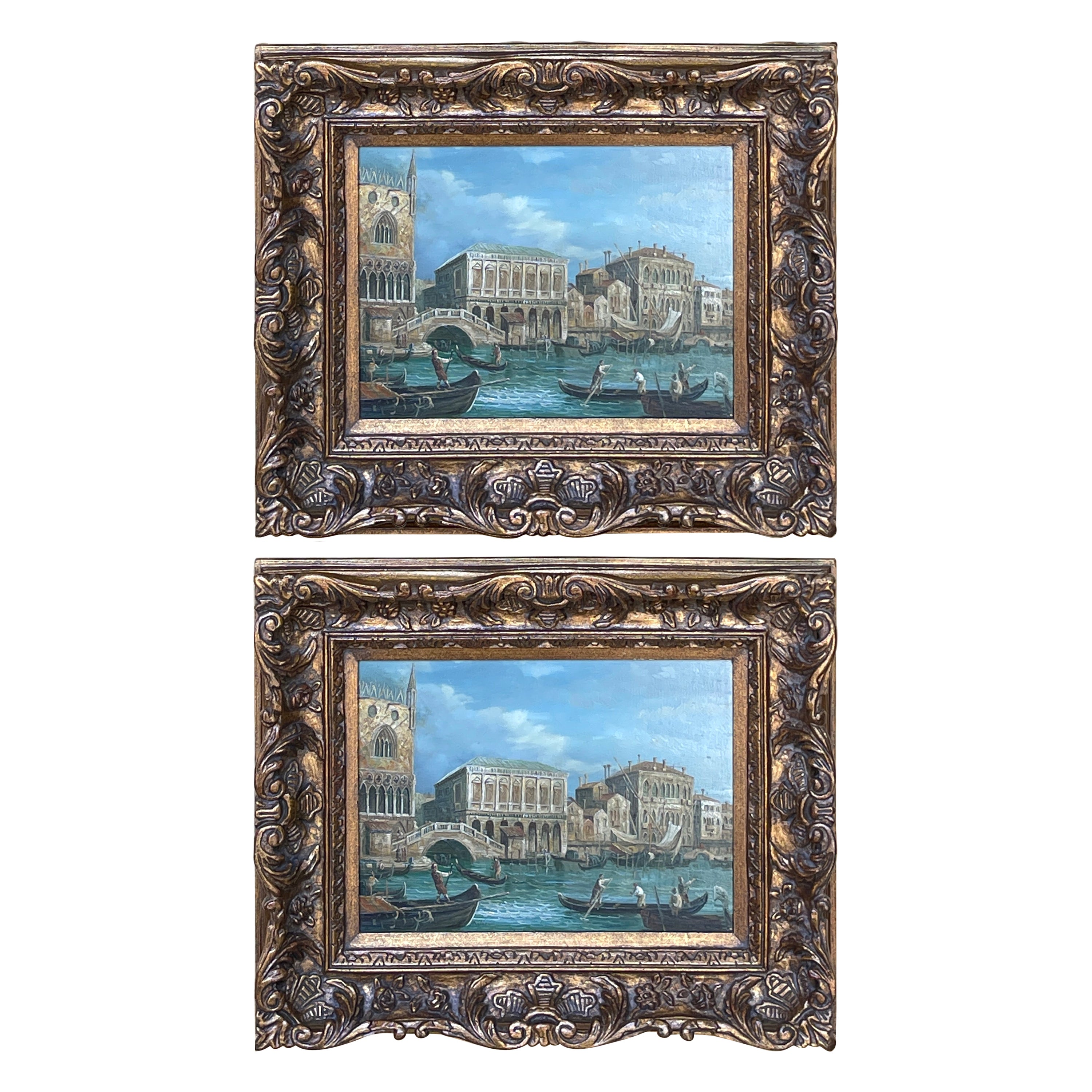 Pair of 20th Century Decorative Venetian Canal Paintings, After Canaletto For Sale