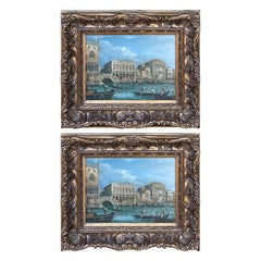 Vintage Pair of 20th Century Decorative Venetian Canal Paintings, After Canaletto