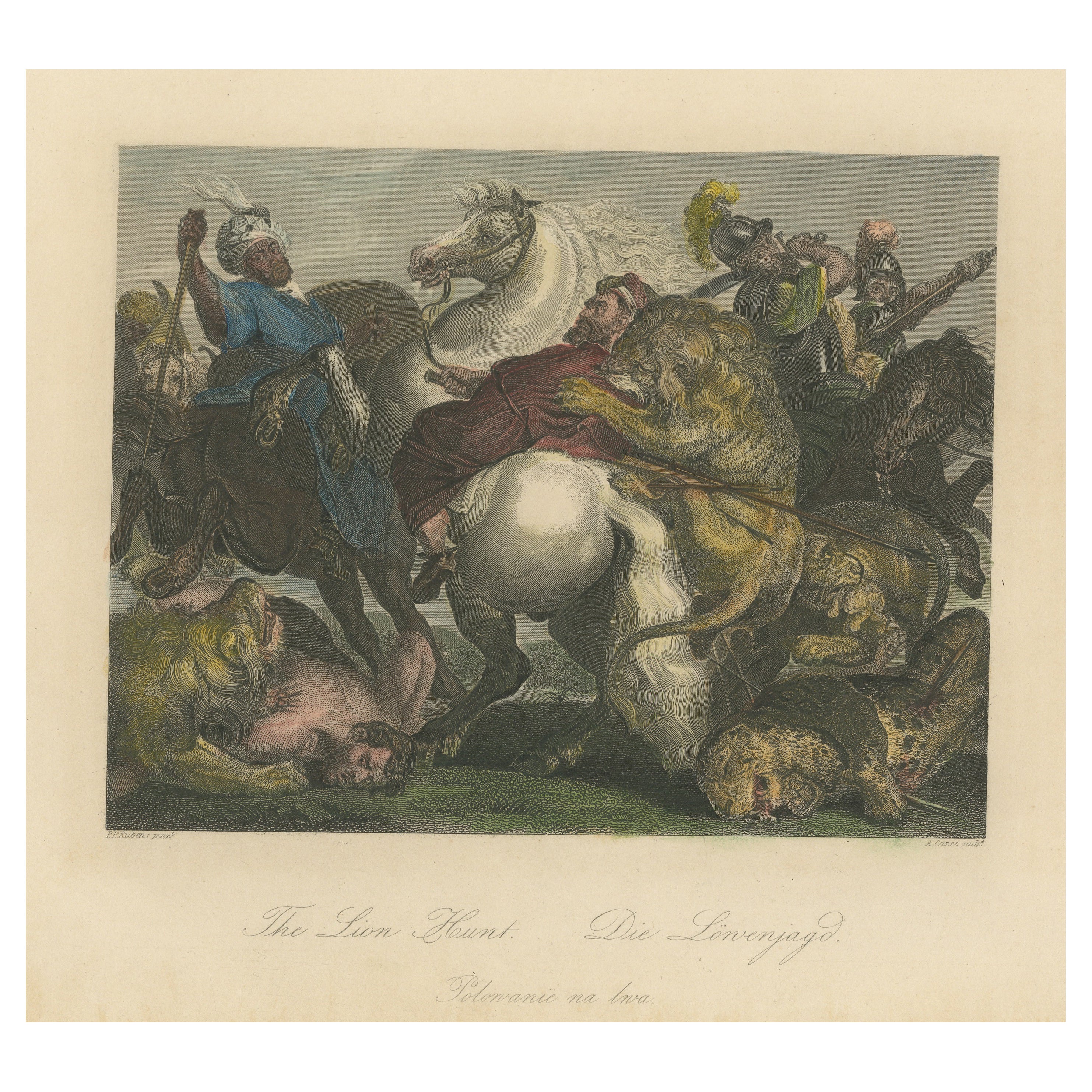 Impression ancienne originale de la chasse au lion réalisée d'après le tableau de P.P. Rubens