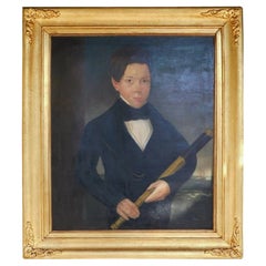 American Oil on Canvas Ship Captain with Spyglass in Orig, Gilt Frame, C. 1840