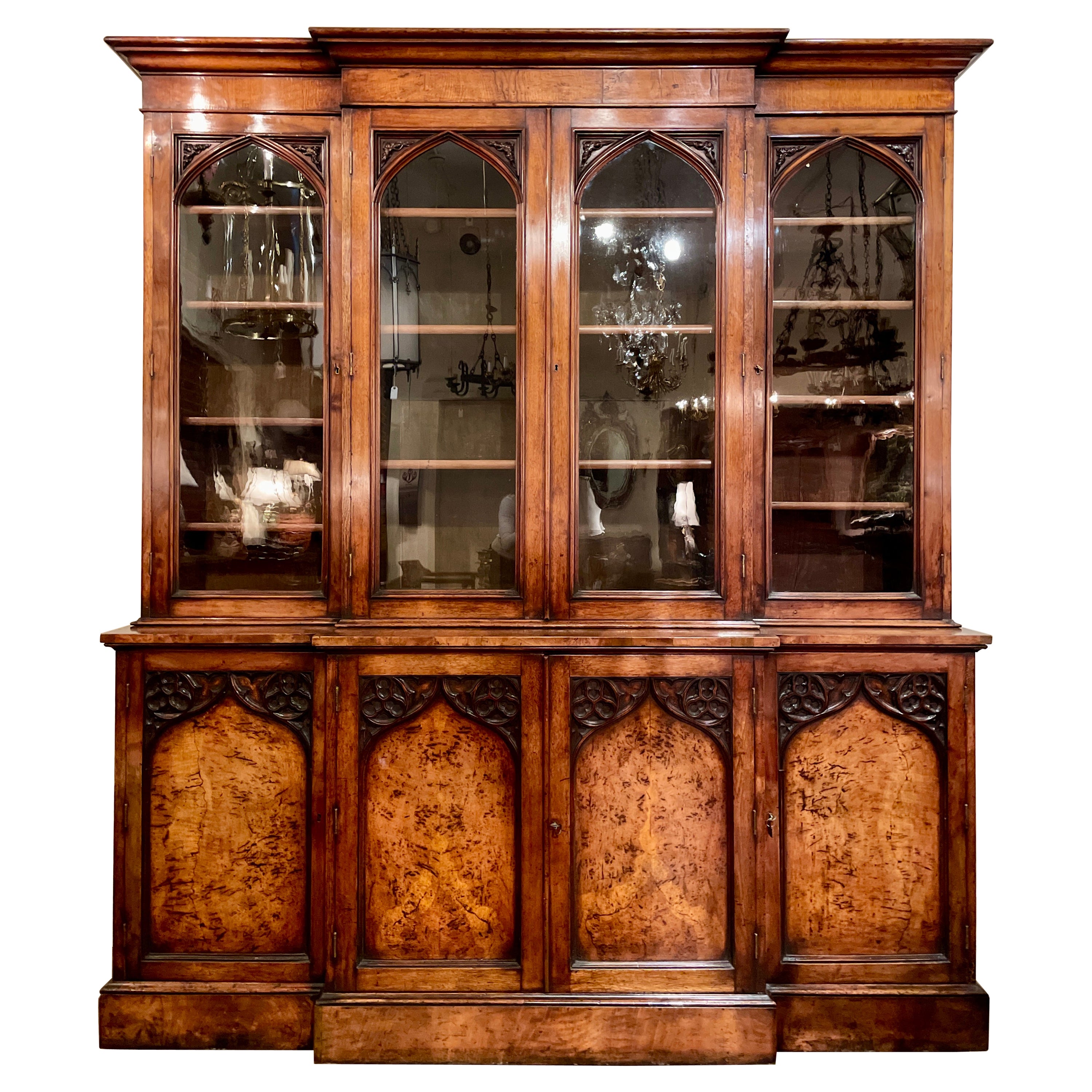 Antique English Gothic Burled Walnut Breakfront Bookcase, Circa 1880. For Sale