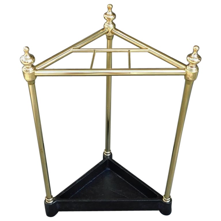 American Triangular Brass & Iron Urn Finial Four Slotted Umbrella Stand, C. 1880 For Sale