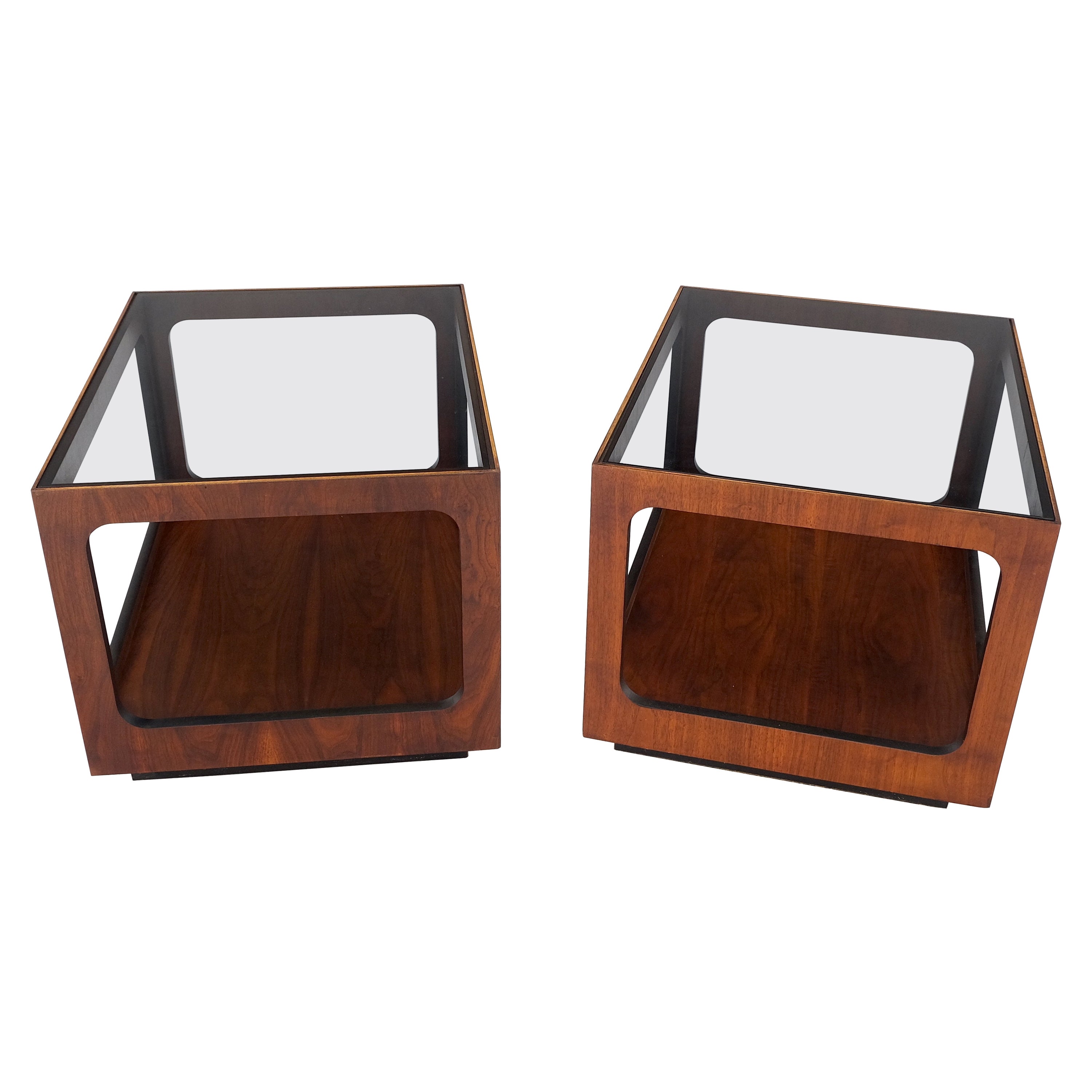 Pair Walnut Rectangle Cube Shape Smoked Glass Top Side End Tables Stands Mint! For Sale