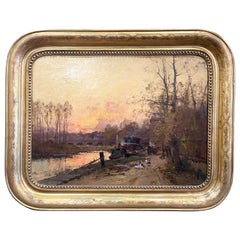 Siglo XIX Pintura al óleo sobre lienzo Puesta de sol firmada E. Galien-Laloue