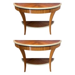 Wonderful Pair Vintage Zebra Macassar Wood Demi-Lune Two Tier Console Tables