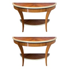 Wonderful Pair Vintage Zebra Macassar Wood Demi-Lune Two Tier Console Tables