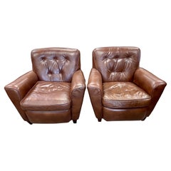 Retro Pair of Brown Leather Tufted Club Cigar Chairs