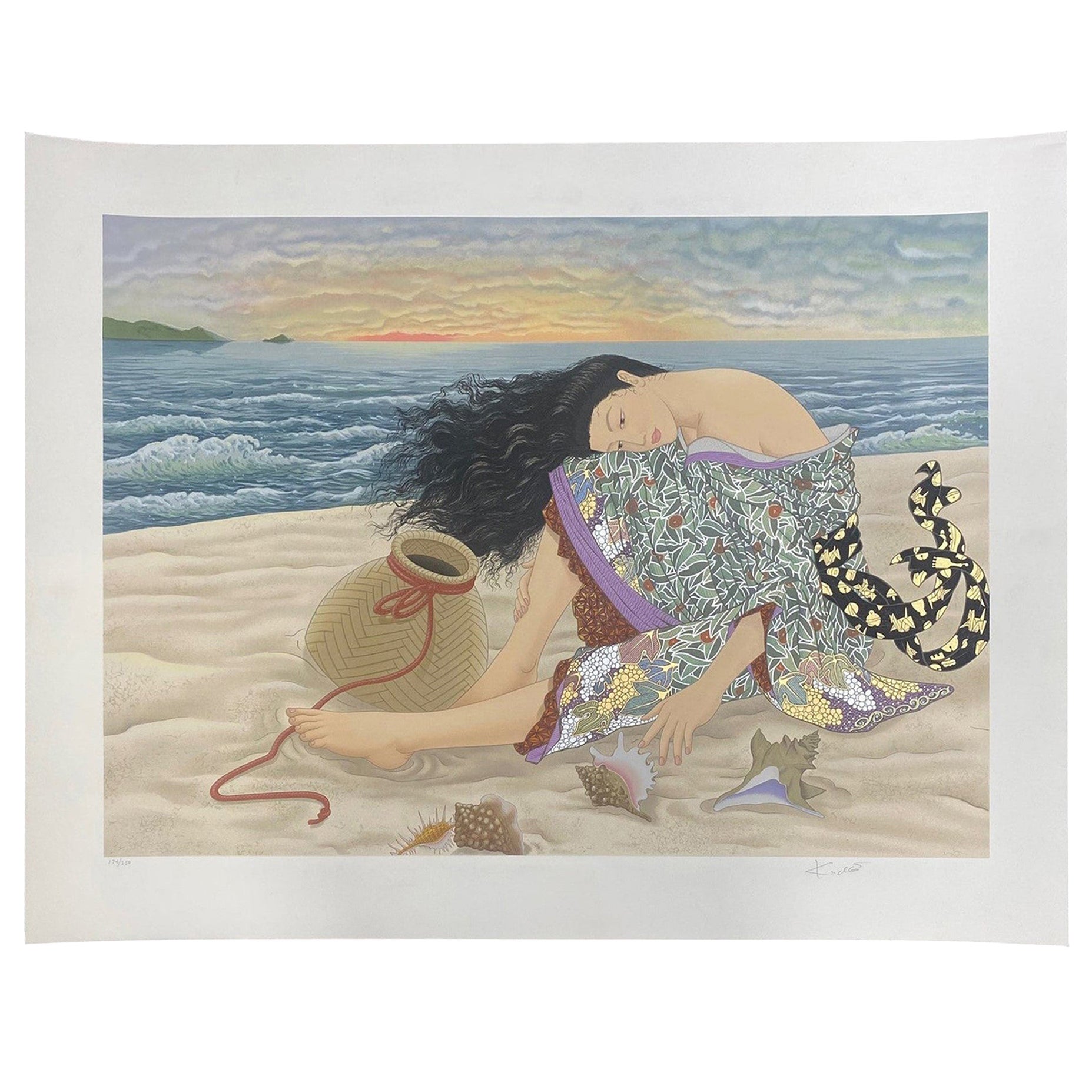 Muramasa Kudo Edición limitada firmada Serigrafía japonesa Cesta de mimbre