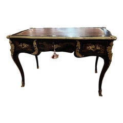 Antique 19th C French Bronze Ormolu Mounted Black Chinoiserie Decorated Leather Top Desk