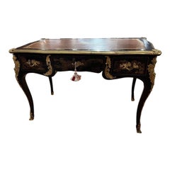 19th C French Bronze Ormolu Mounted Black Chinoiserie Decorated Leather Top Desk