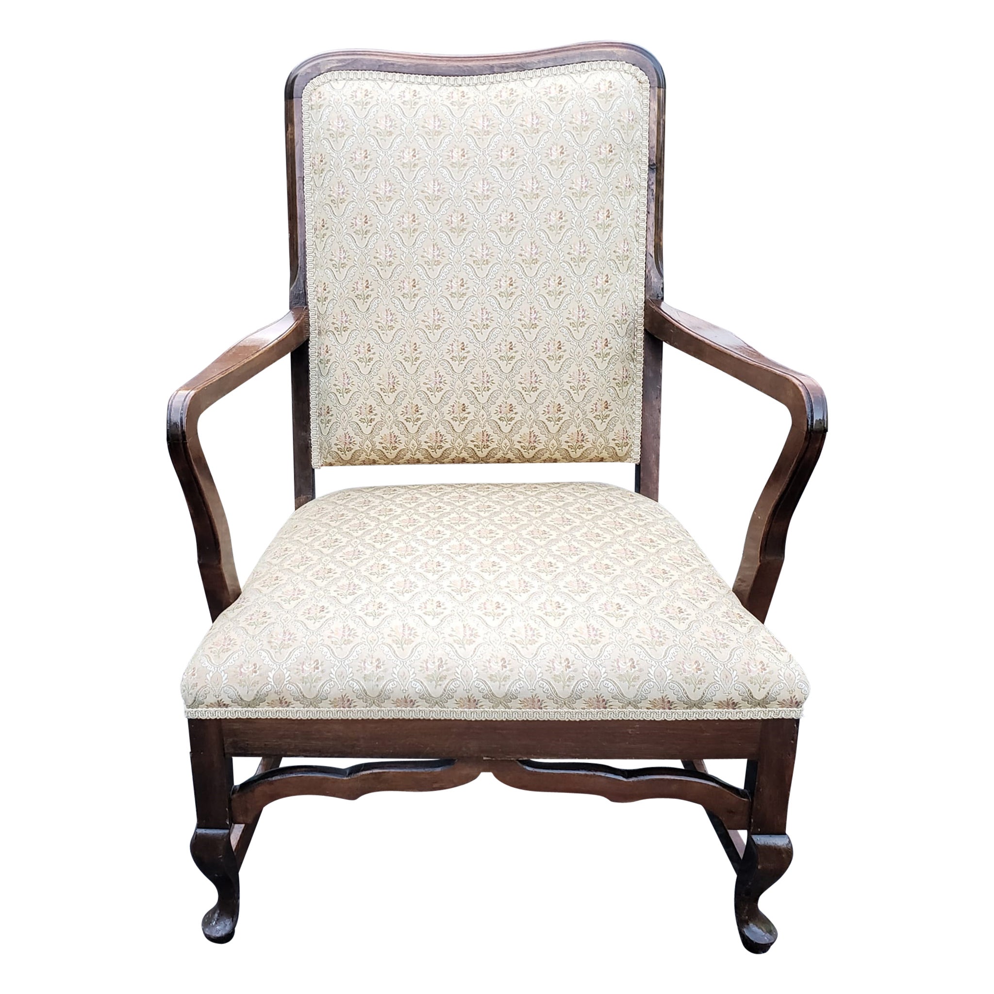 1930s Queen Anne Style Low Walnut Upholstered Lounge Chair For Sale