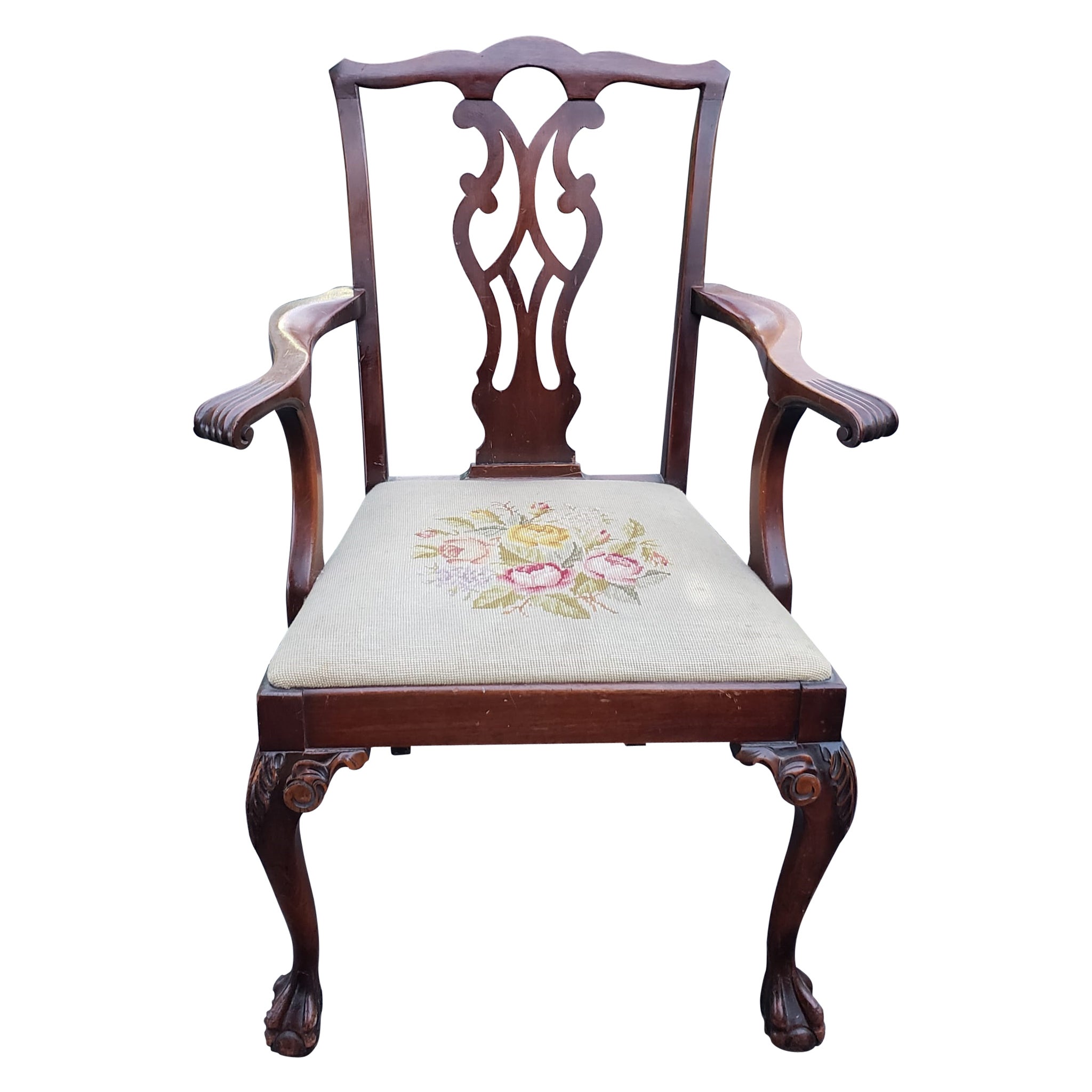 Late 19th Century Chippendale Mahogany Needlepoint Upholstered Armchair For Sale