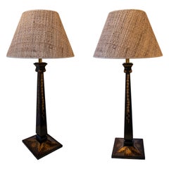 Pair of Wooden Lamps in Black with Gold Flower Decoration