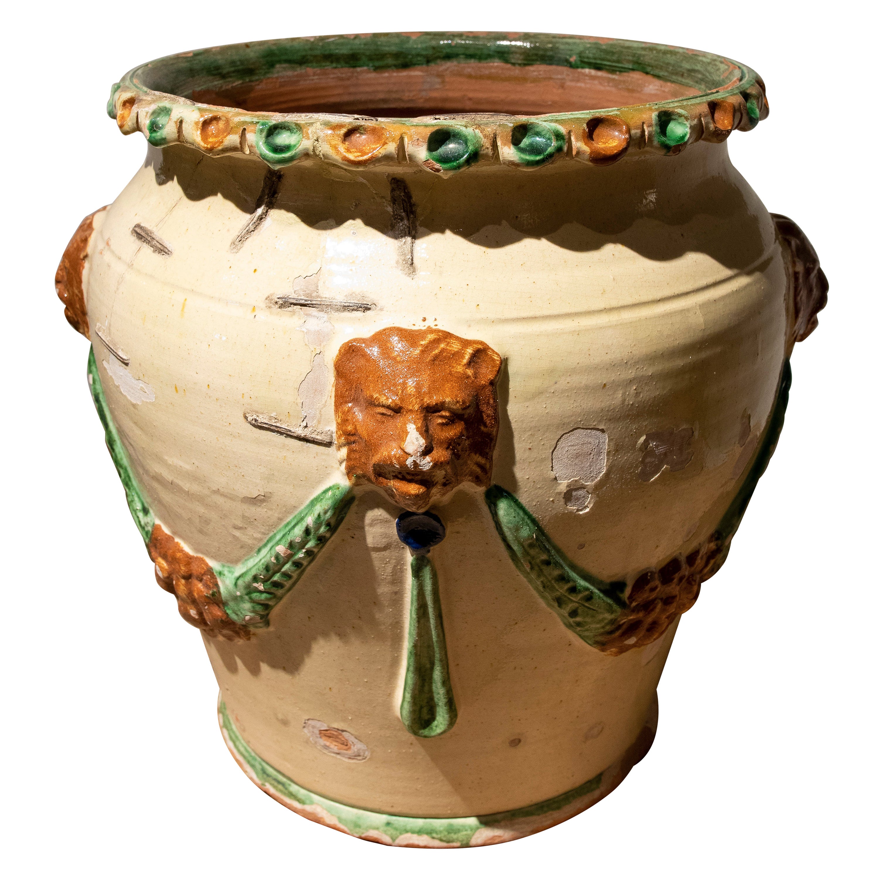 Spanish Glazed Planter with Lions and Garlands Decoration For Sale