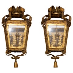 Vintage 1980s Pair of Gilded Iron Wall Lanterns with Glasses