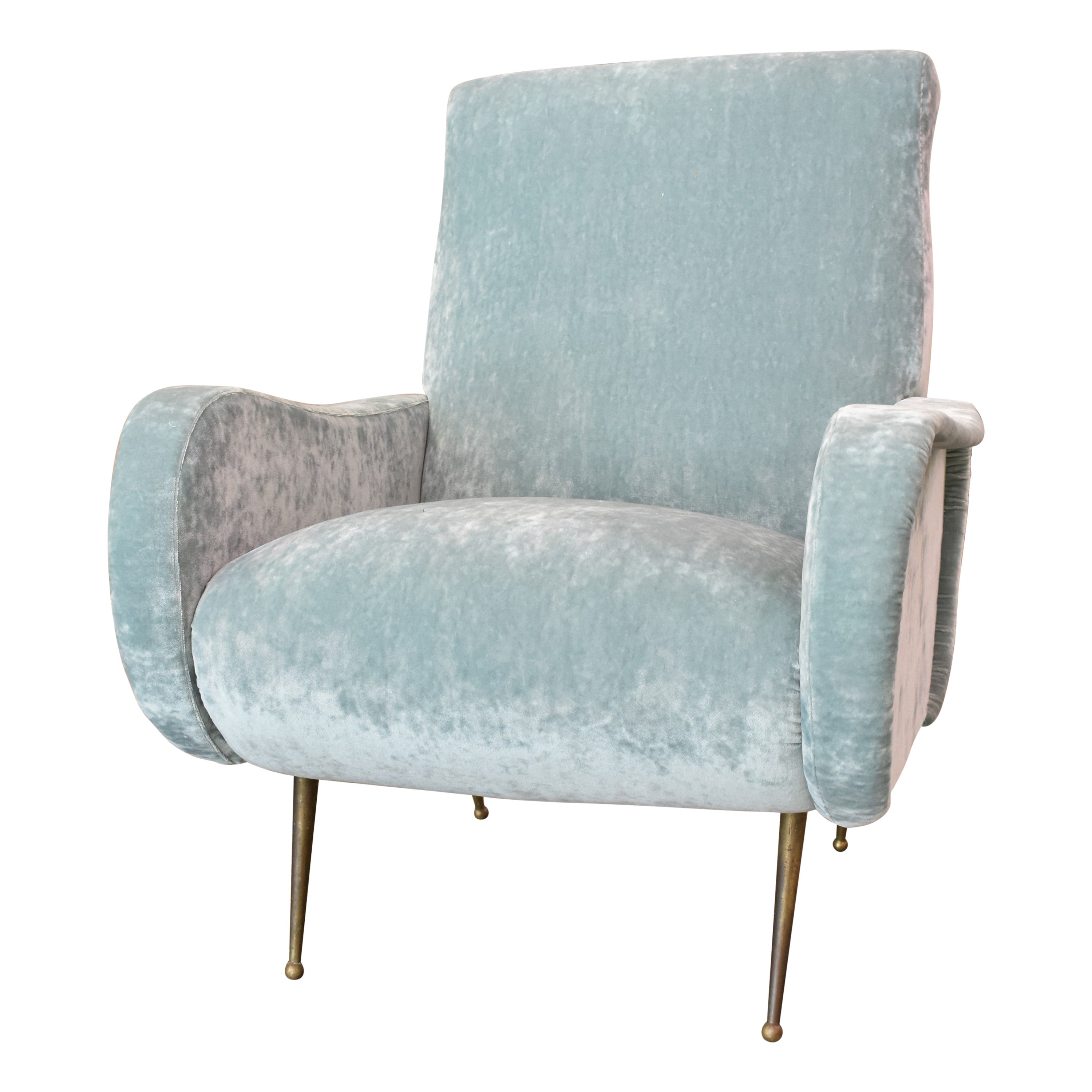 Vintage armchair dating back to the 1960s, Italian manufacture.
The armchair has new padding and upholstery in light blue velvet.
The leg is made of brass.
The total height is 90cm, while the seat height is 43cm.
Depth: 67cm
Length: 73cm
Very