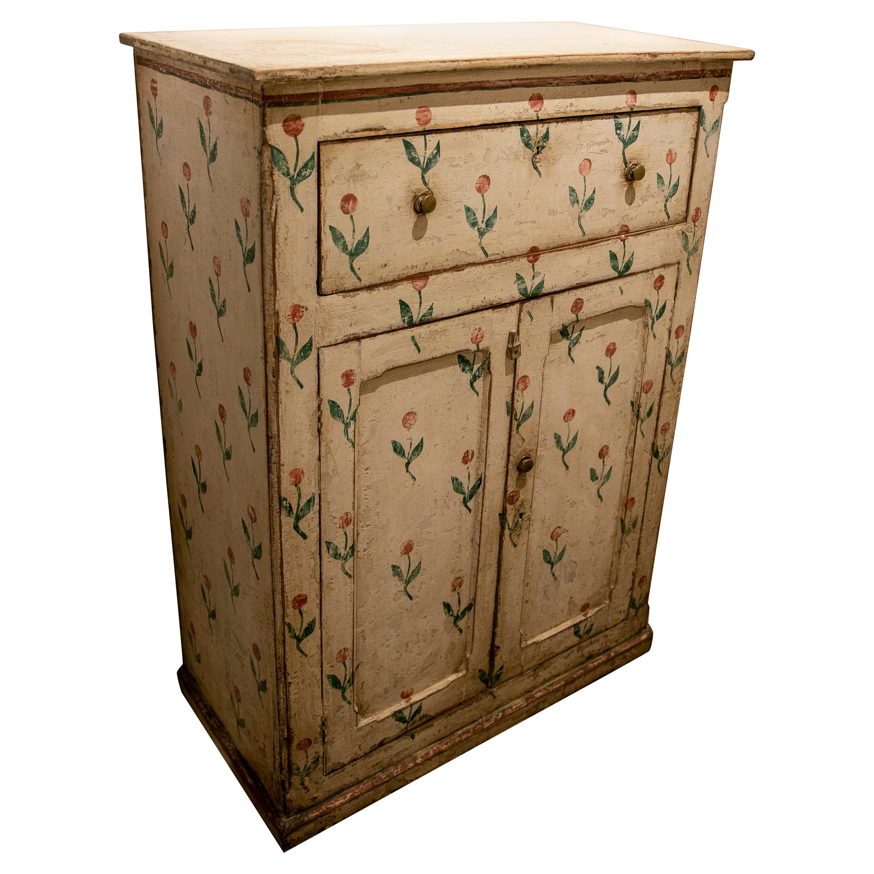 Spanish Hand-Painted Wooden Cabinet with Drawer and Doors with Flowers For Sale