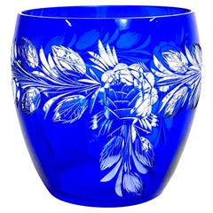 Cobalt-Blue Crystal Overlay Bowl-Shaped Vase