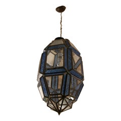 Vintage 1970s Metal Lantern with Blue and Transparent Crystals