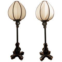 Vintage Pair of Wooden Table Lamps with Lotus Flower Shade