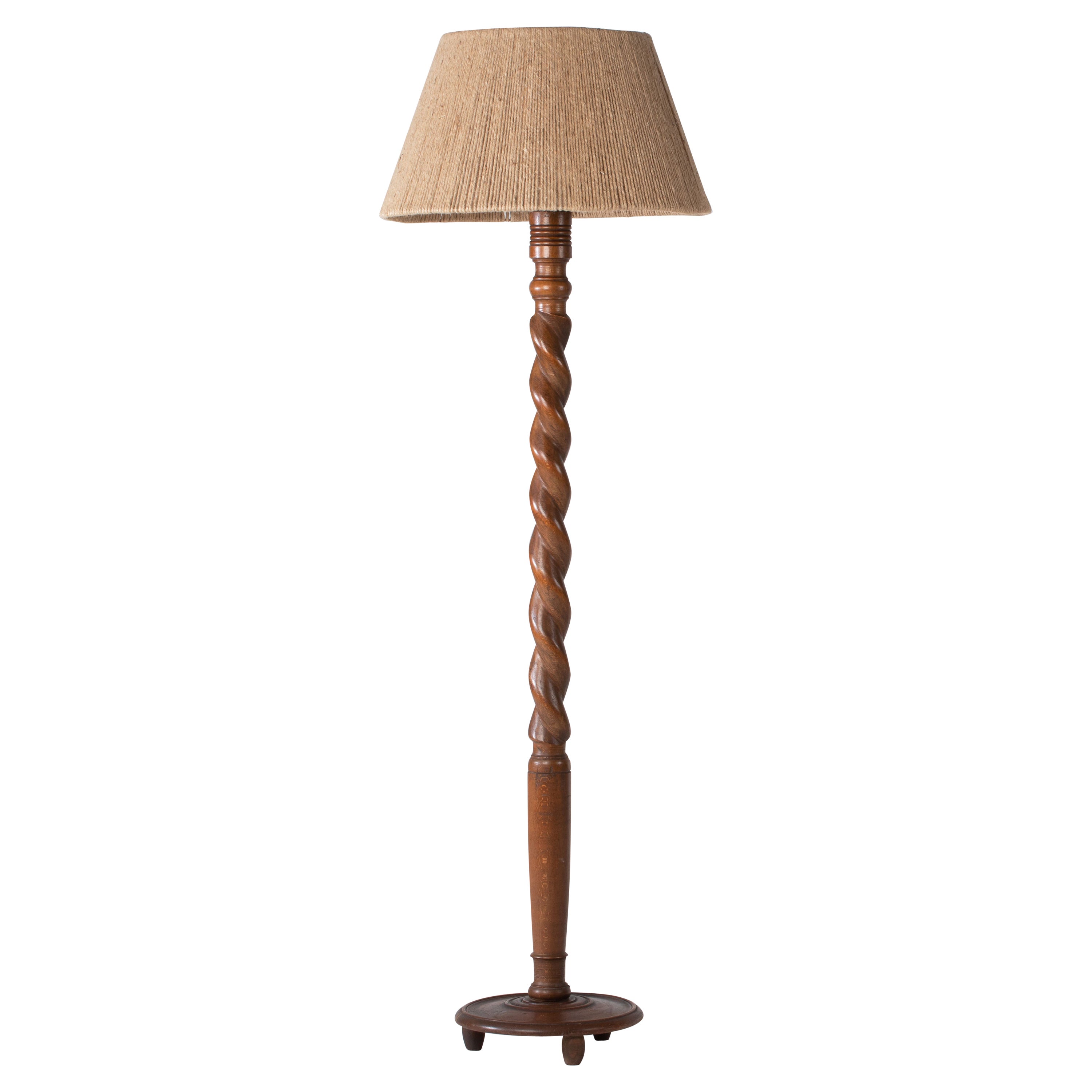 Twisted Oak Floor Lamp with Rope Lampshade, France 1940 For Sale