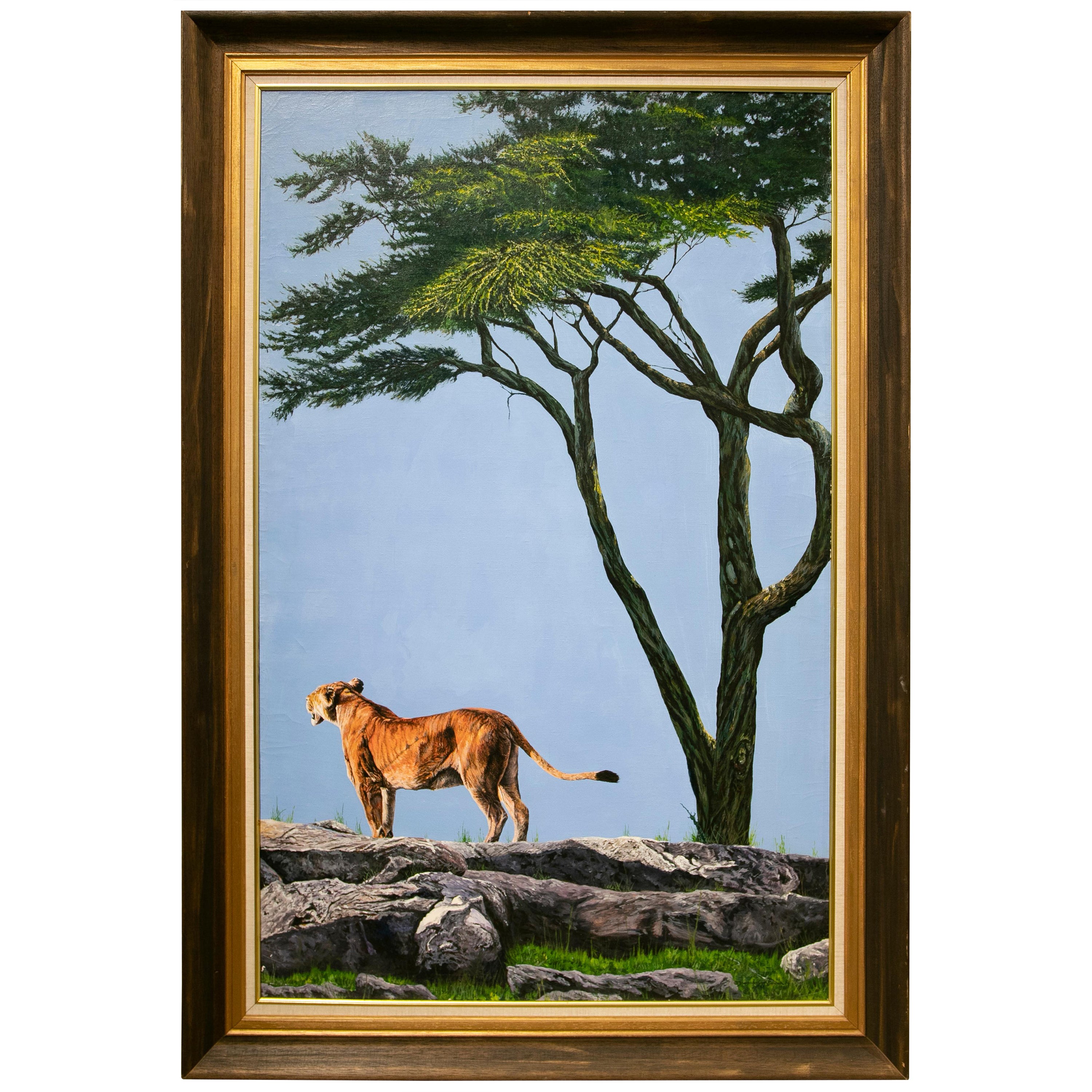 Picture of Tiger on Hillside with Tree Painted in Oil on Canvas from 1988 For Sale