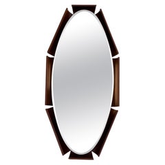Vintage Oval Mirror with Backlight on Curved Teak Plywood Frame, by I.S.A. Bergamo