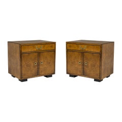 Pair of John Widdicomb Burl Veneer and Brass Nightstands / Commodes