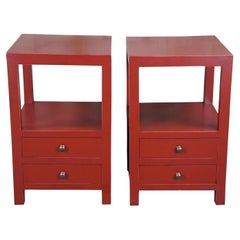 2 Vintage Modern Tiered Red Lacquer Chinoiserie Side Tables Nightstands MCM