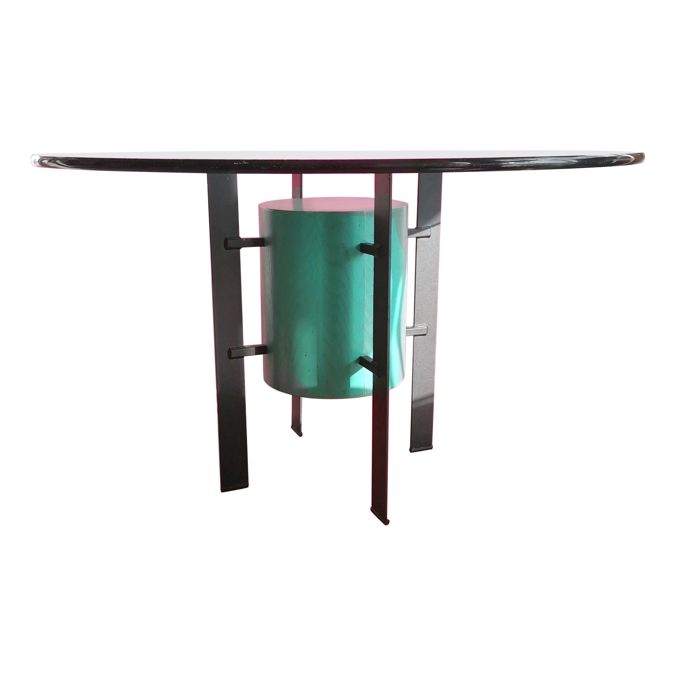 Postmodern Memphis Style Iron, Glass & Plywood Dining Table, USA, 1980s For Sale