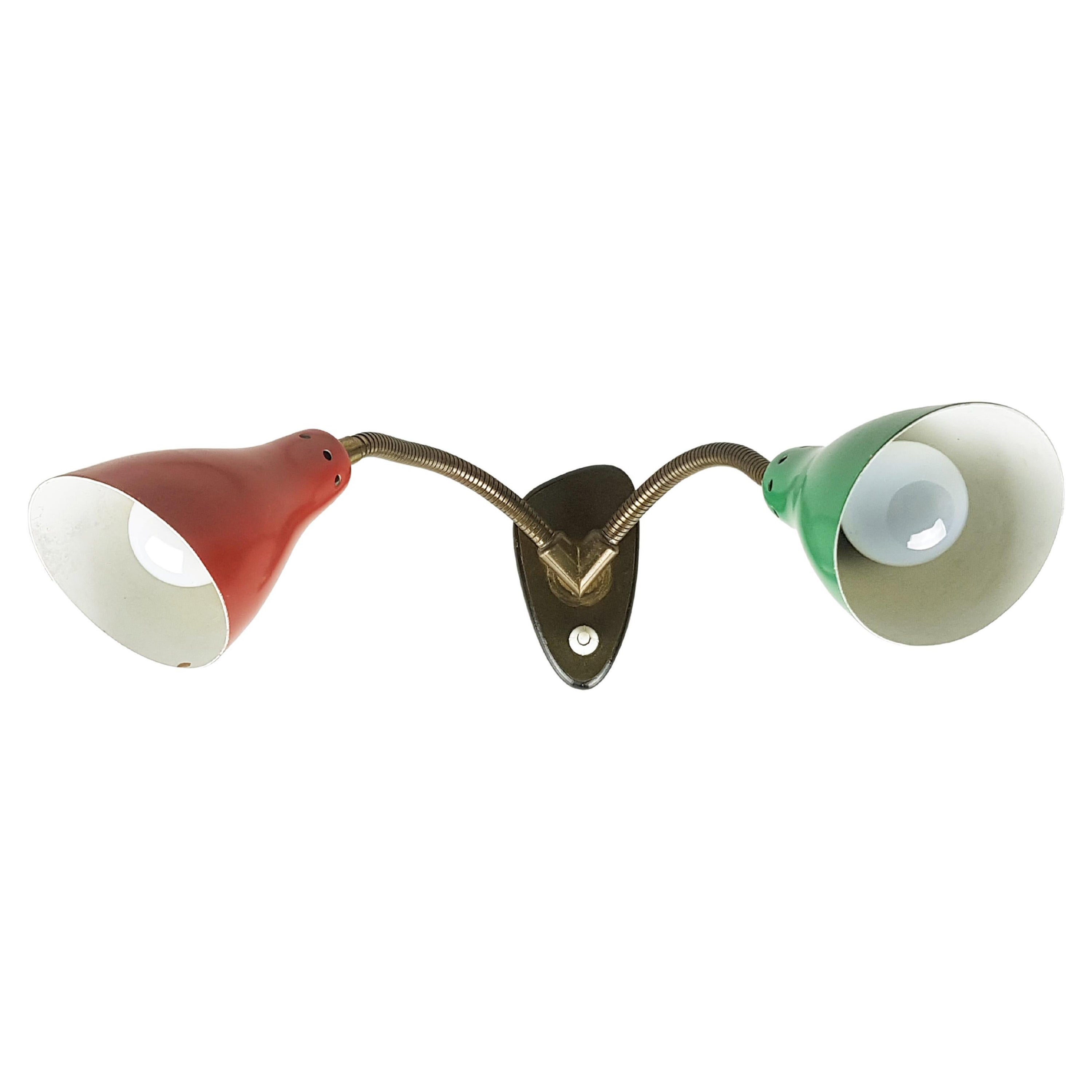 Brass, black wood, red & green adjustable 1960s 2 lights wall lamp
