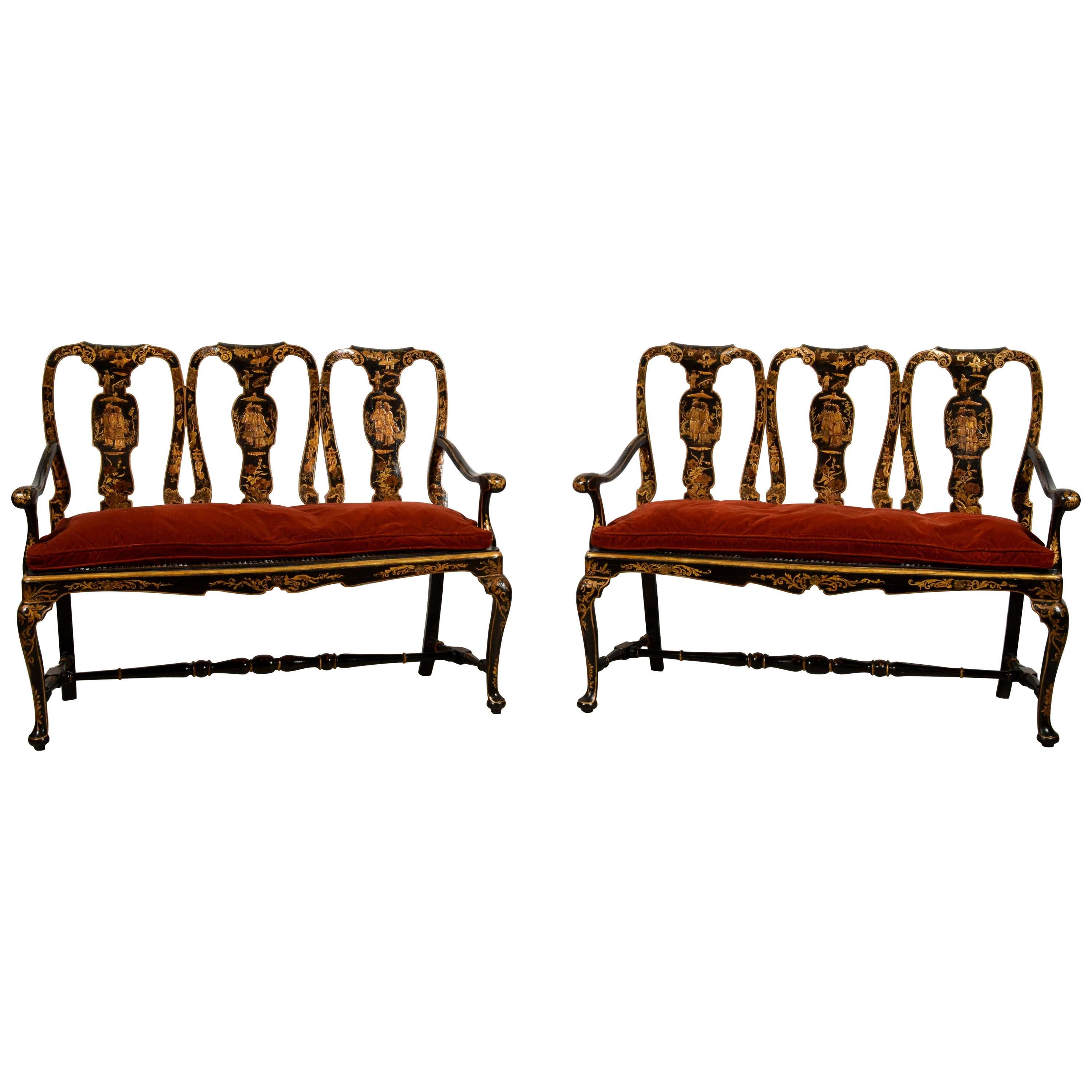 18th Century, Pair of Italian Lacquered Chinoiserie Wood Sofas