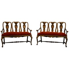 18th Century, Pair of Italian Lacquered Chinoiserie Wood Sofas