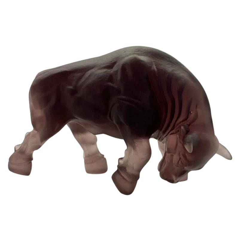 Hand-Sculpted Massive Pate-de-Verre Glass Bull Sculpture in Amethyst Color For Sale