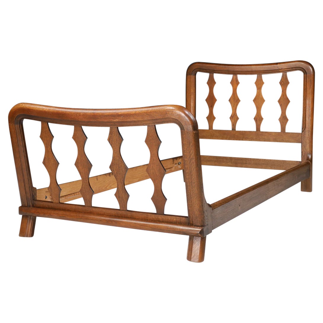 Mid-Century Modern Guillerme & Chambron Bed Frame in Solid Oak, France 1960s For Sale