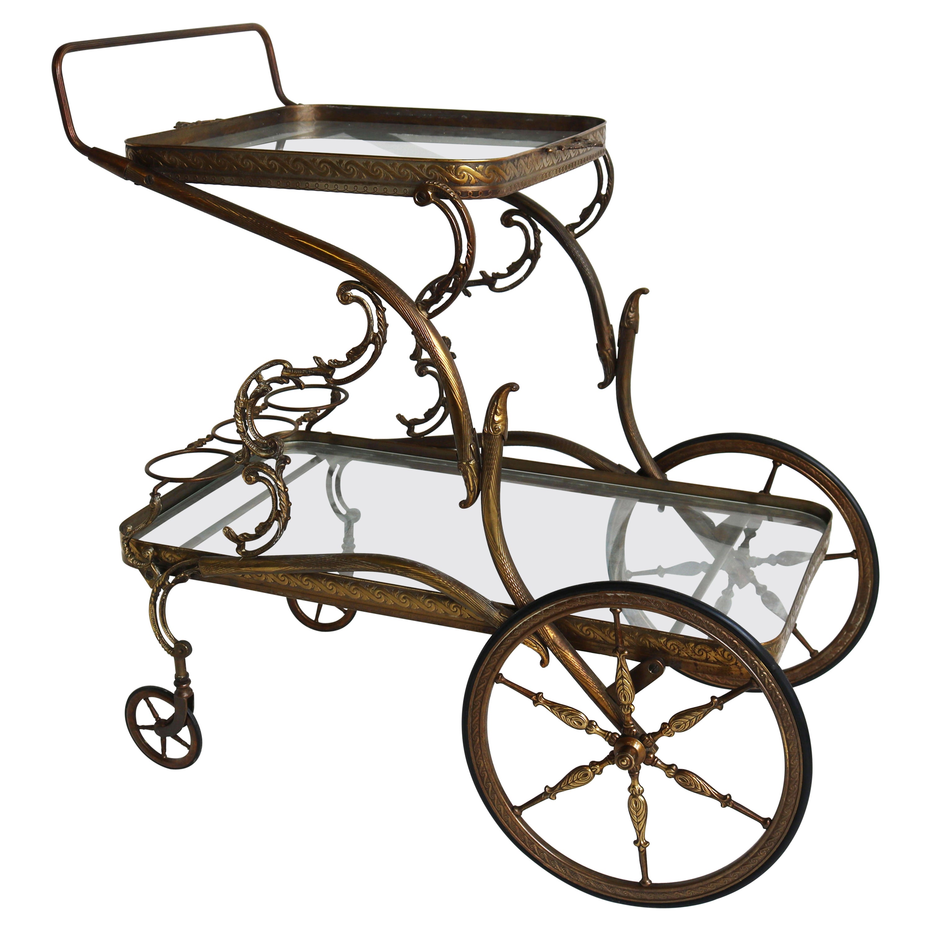 Exquisite Italian 1940s Hollywood Regency Bar Cart / Trolley Rococo Brass Glass For Sale