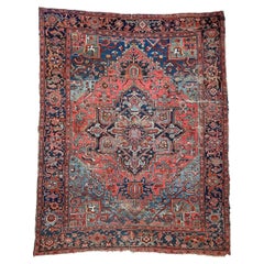 Vintage Tribal Masterpiece Rug in Coral, Ice & Denim, circa 1910