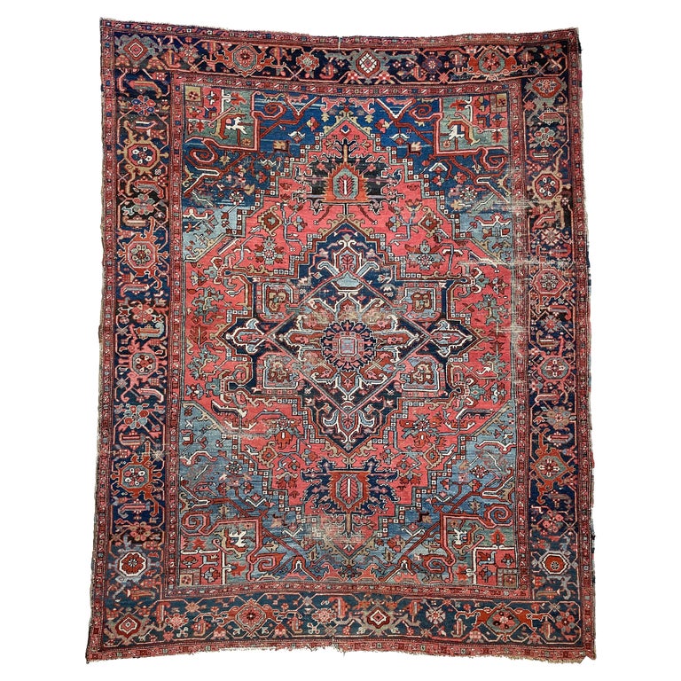 Antique Tribal Masterpiece Rug in Coral, Ice and Denim, circa 1910 For ...