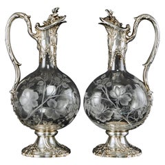 Pair of Antique Silver and Glass Claret Jugs