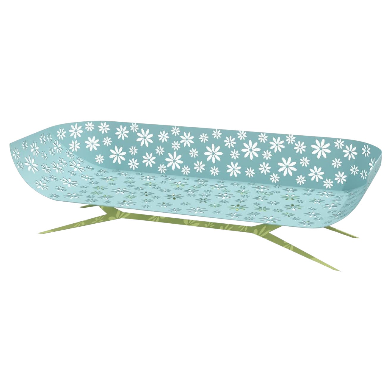 Modern Blue & Green Outdoor Three-Seater Sofa Curved Back with Cutted Flowers For Sale