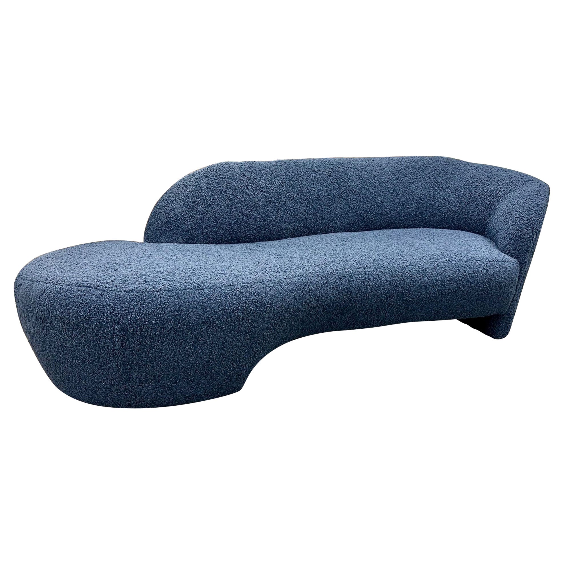 Mid-Century Modern Style Organic Form Kidney Shaped Cloud Sofa, Blue Boucle For Sale