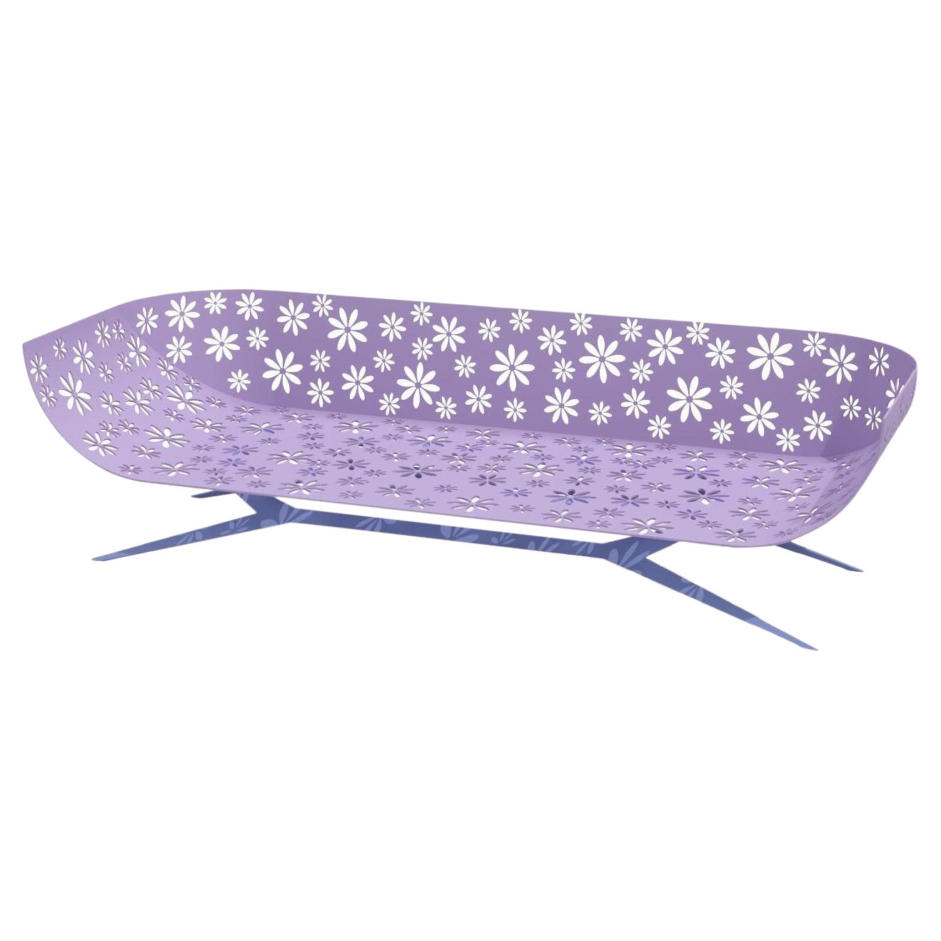 Modern Lavender & Blue Outdoor Three-Seater Sofa Curved Back with Cutted Flowers For Sale