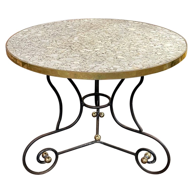 Vintage French Steel and Brass Bistro Table with Granite Top For Sale